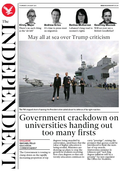 The Independent Newspaper Front Page for 17 August 2017
