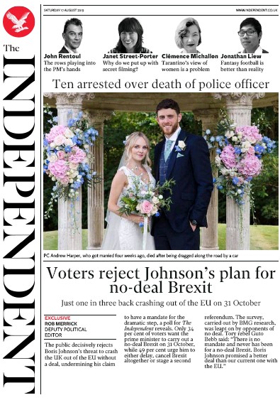 The Independent Newspaper Front Page for 17 August 2019