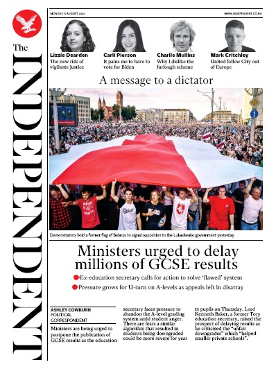 The Independent Newspaper Front Page for 17 August 2020