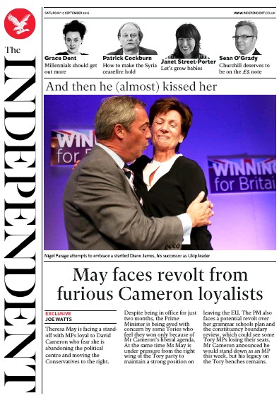 The Independent Newspaper Front Page for 17 September 2016