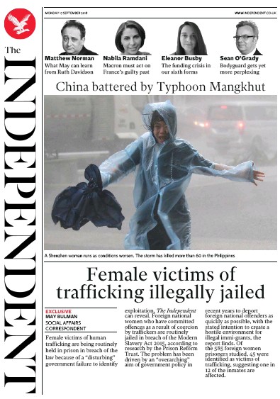 The Independent Newspaper Front Page for 17 September 2018