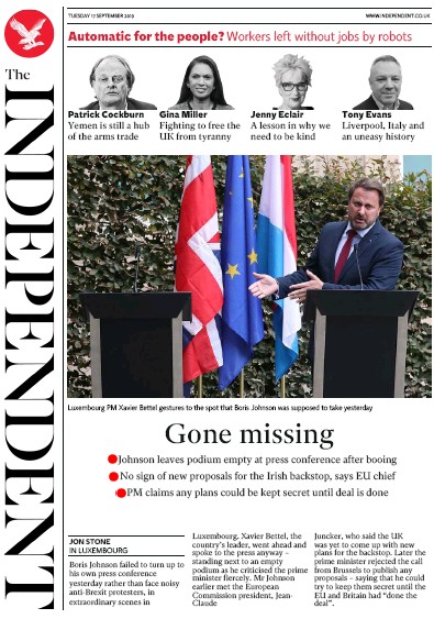 The Independent Newspaper Front Page for 17 September 2019