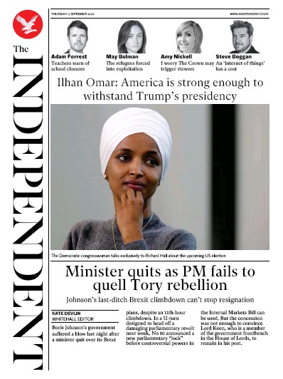 The Independent (UK) Newspaper Front Page for 17 September 2020