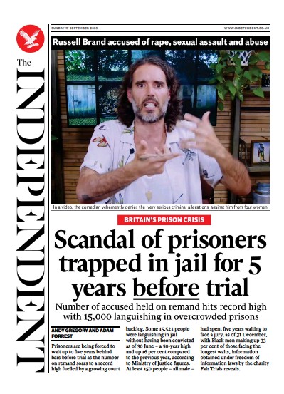 The Independent (UK) Newspaper Front Page for 17 September 2023