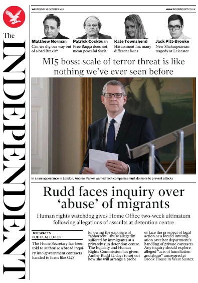 The Independent Newspaper Front Page for 18 October 2017