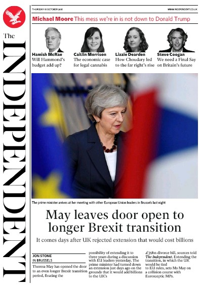 The Independent Newspaper Front Page for 18 October 2018