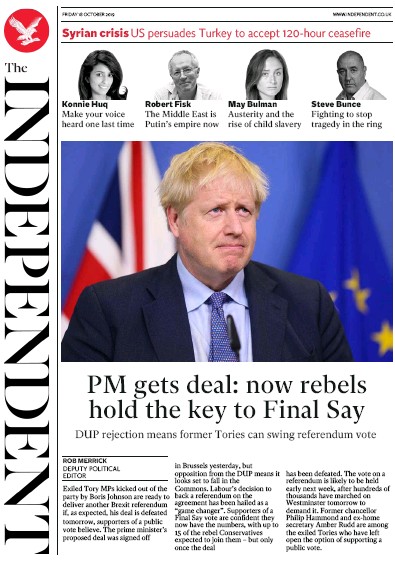 The Independent Newspaper Front Page for 18 October 2019