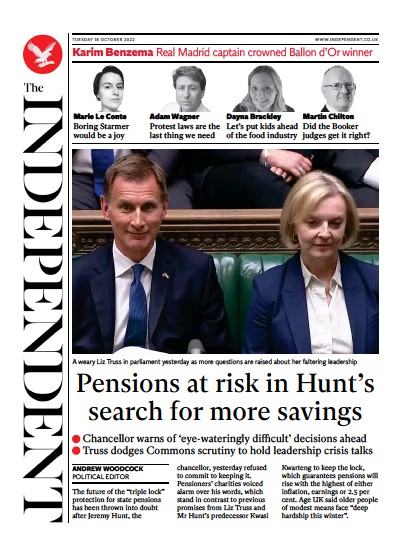 The Independent Newspaper Front Page for 18 October 2022