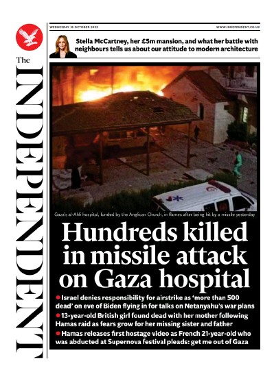 The Independent (UK) Newspaper Front Page for 18 October 2023