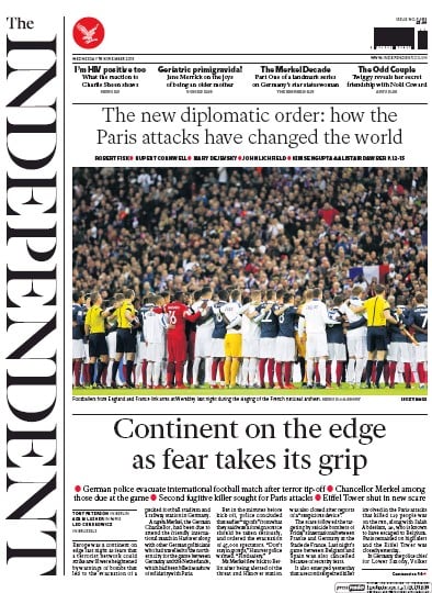 The Independent Newspaper Front Page for 18 November 2015