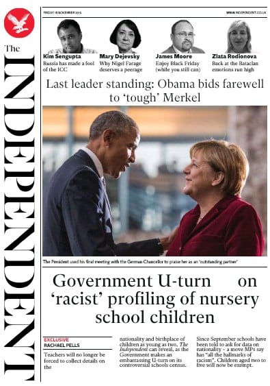 The Independent (UK) Newspaper Front Page for 18 November 2016