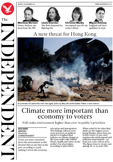The Independent (UK) Newspaper Front Page for 18 November 2019