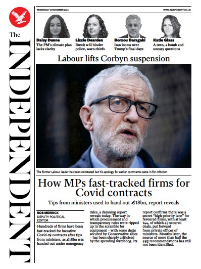The Independent Newspaper Front Page for 18 November 2020