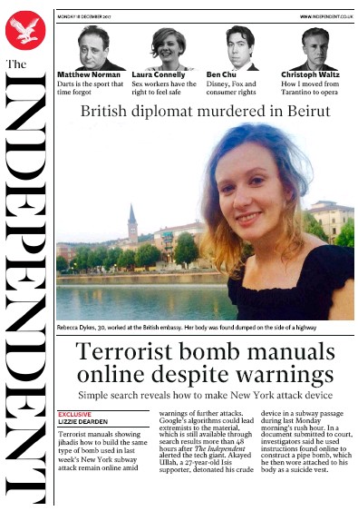The Independent (UK) Newspaper Front Page for 18 December 2017