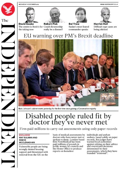 The Independent Newspaper Front Page for 18 December 2019