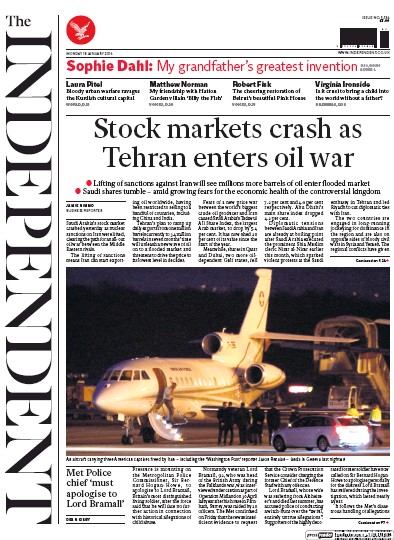 The Independent Newspaper Front Page for 18 January 2016