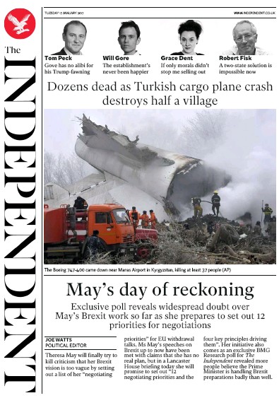 The Independent Newspaper Front Page for 18 January 2017