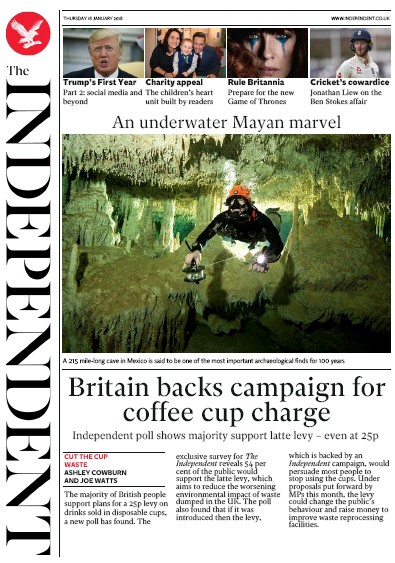 The Independent Newspaper Front Page for 18 January 2018