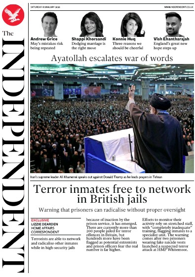 The Independent Newspaper Front Page for 18 January 2020