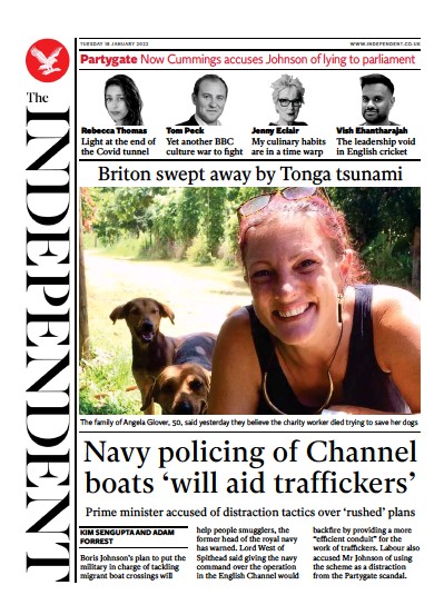 The Independent (UK) Newspaper Front Page for 18 January 2022