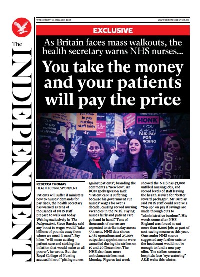 The Independent (UK) Newspaper Front Page for 18 January 2023