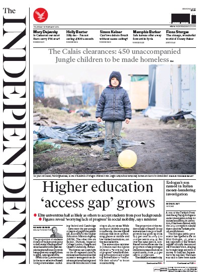 The Independent Newspaper Front Page for 18 February 2016