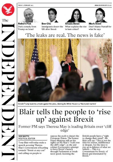 The Independent Newspaper Front Page for 18 February 2017