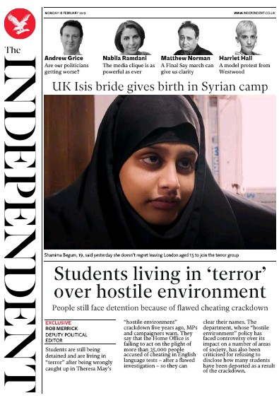 The Independent Newspaper Front Page for 18 February 2019