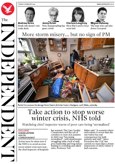The Independent Newspaper Front Page for 18 February 2020