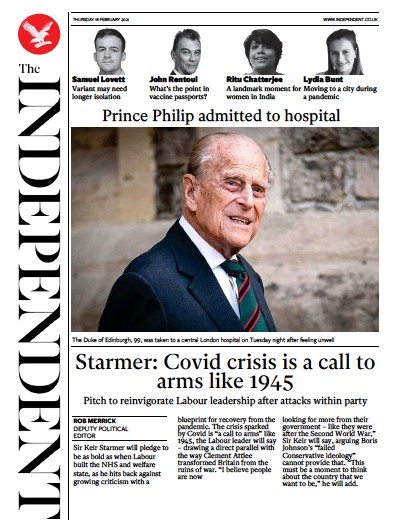 The Independent Newspaper Front Page for 18 February 2021