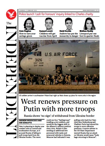 The Independent Newspaper Front Page for 18 February 2022