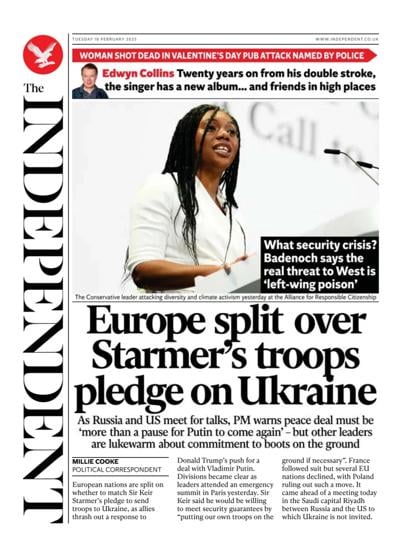 The Independent (UK) Newspaper Front Page for 18 February 2025