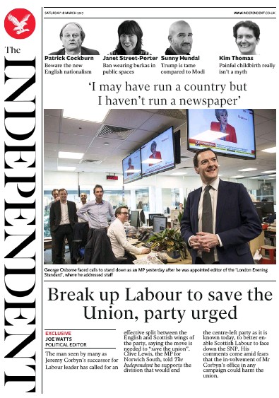 The Independent Newspaper Front Page for 18 March 2017