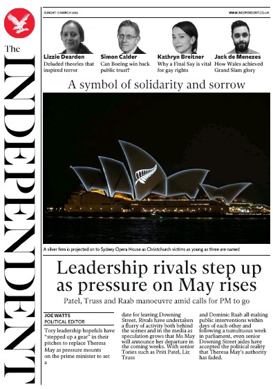 The Independent Newspaper Front Page for 18 March 2019