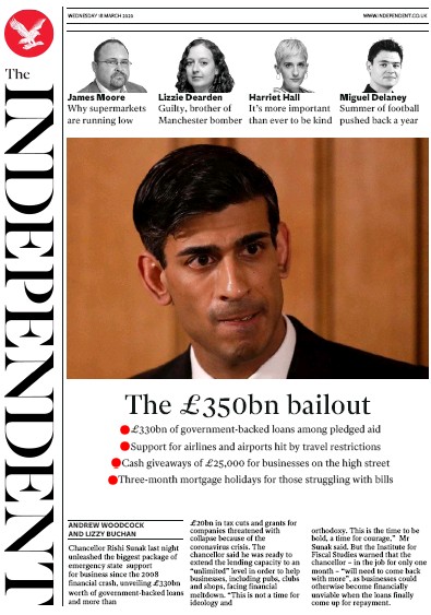 The Independent Newspaper Front Page for 18 March 2020