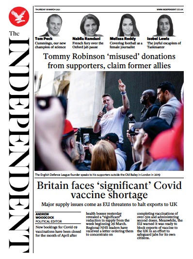 The Independent (UK) Newspaper Front Page for 18 March 2021