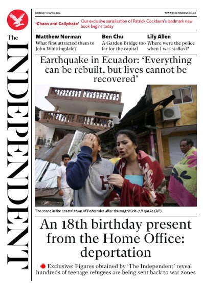The Independent Newspaper Front Page for 18 April 2016