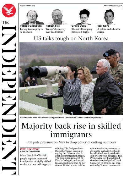 The Independent Newspaper Front Page for 18 April 2017