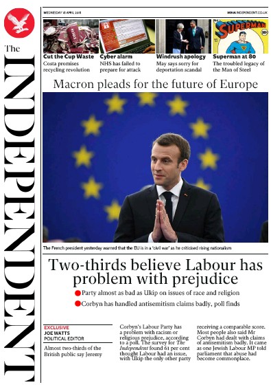 The Independent Newspaper Front Page for 18 April 2018