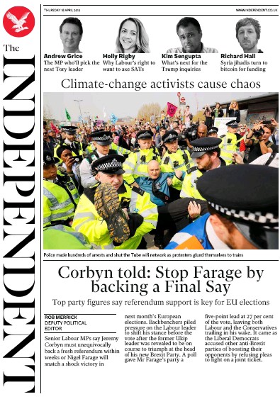 The Independent Newspaper Front Page for 18 April 2019