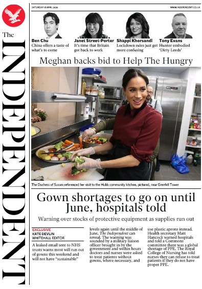 The Independent Newspaper Front Page for 18 April 2020