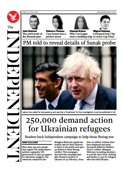 The Independent Newspaper Front Page for 18 April 2022