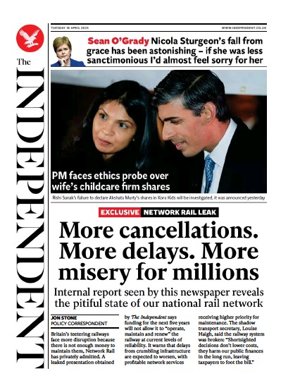 The Independent (UK) Newspaper Front Page for 18 April 2023