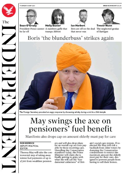 The Independent Newspaper Front Page for 18 May 2017