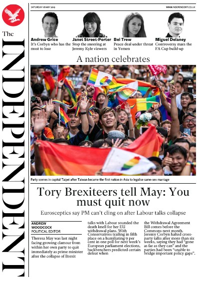 The Independent (UK) Newspaper Front Page for 18 May 2019