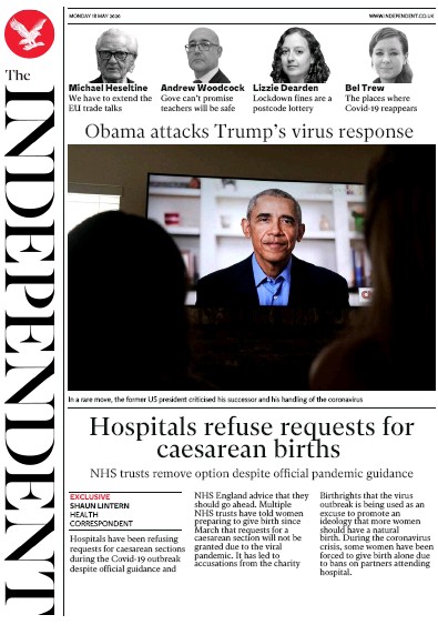 The Independent Newspaper Front Page for 18 May 2020