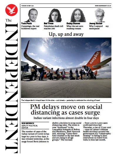 The Independent Newspaper Front Page for 18 May 2021