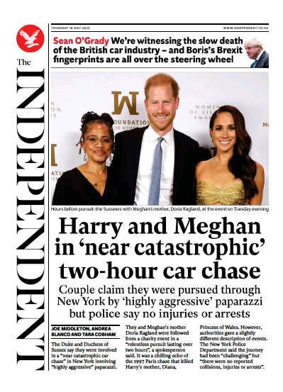 The Independent (UK) Newspaper Front Page for 18 May 2023