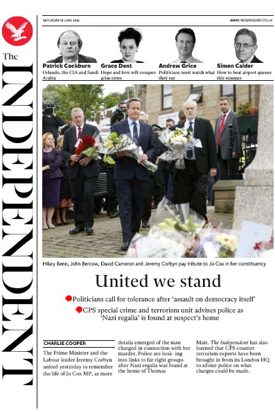 The Independent Newspaper Front Page for 18 June 2016