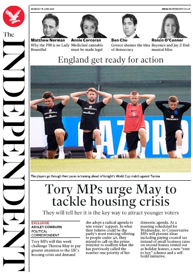 The Independent Newspaper Front Page for 18 June 2018